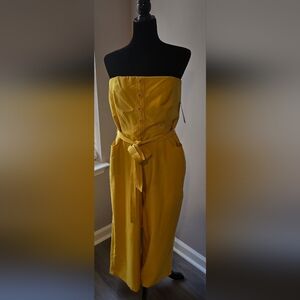 New York & Company Mustard Button-Up Jumpsuit with Belt